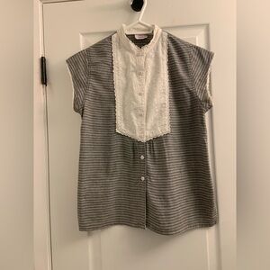 Gray Striped Button-Front Top with White Lace Bib